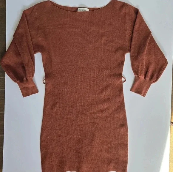 Peach Love terracotta orange sweater dress puff long sleeve knit sz M - Picture 3 of 10